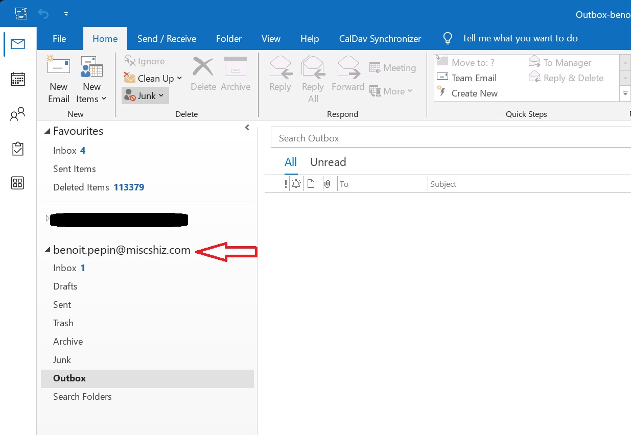 New account should below last listed email in Outlook (Red Arrow shows)